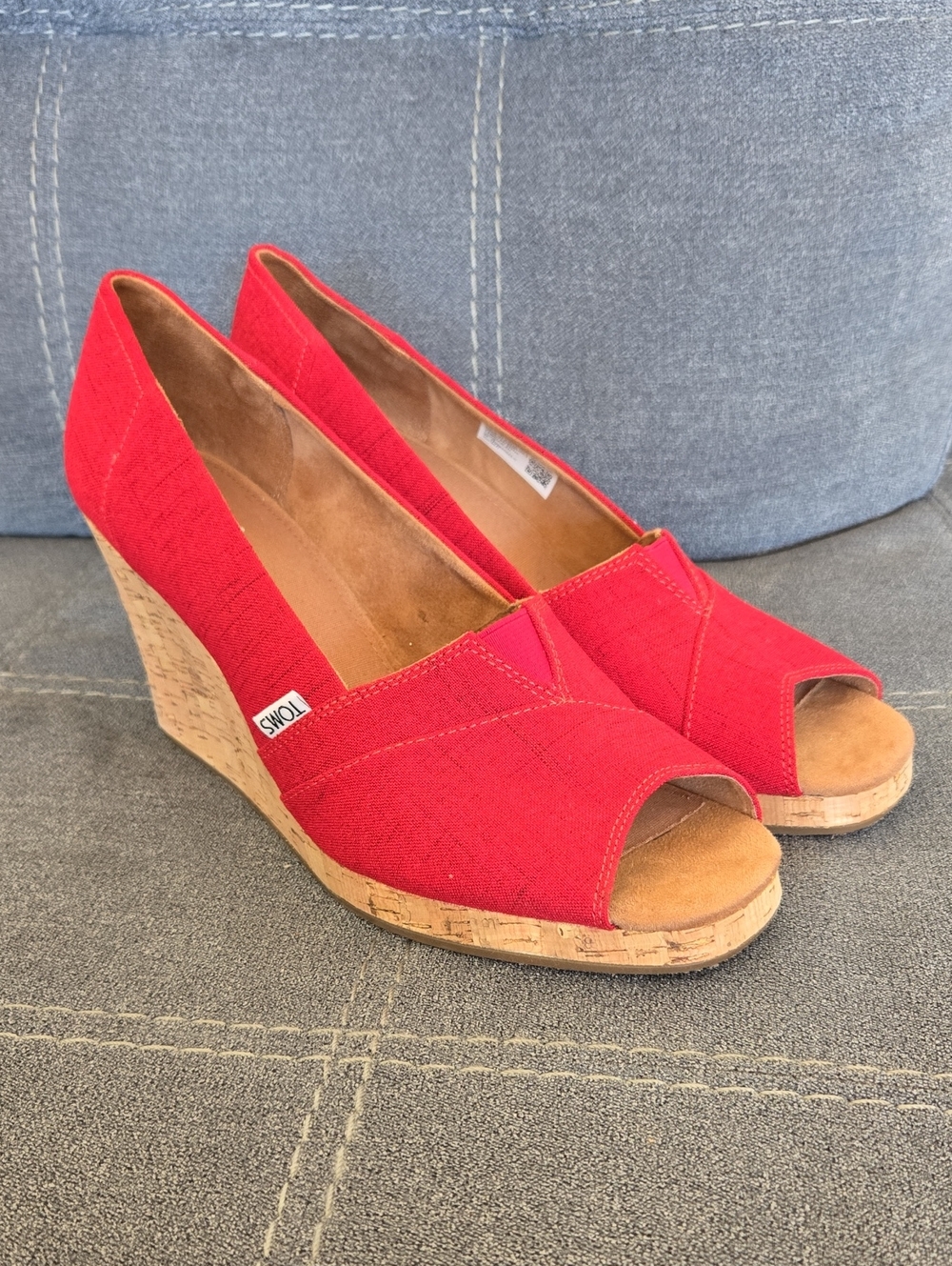 TOMS Red Peep-Toe Cork Wedge Espadrilles